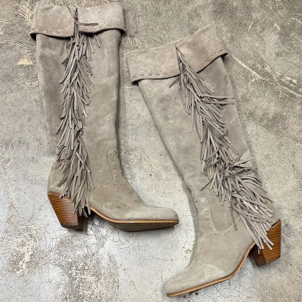 * Sam Edelman Over the Knee Fringe Boots - Gray